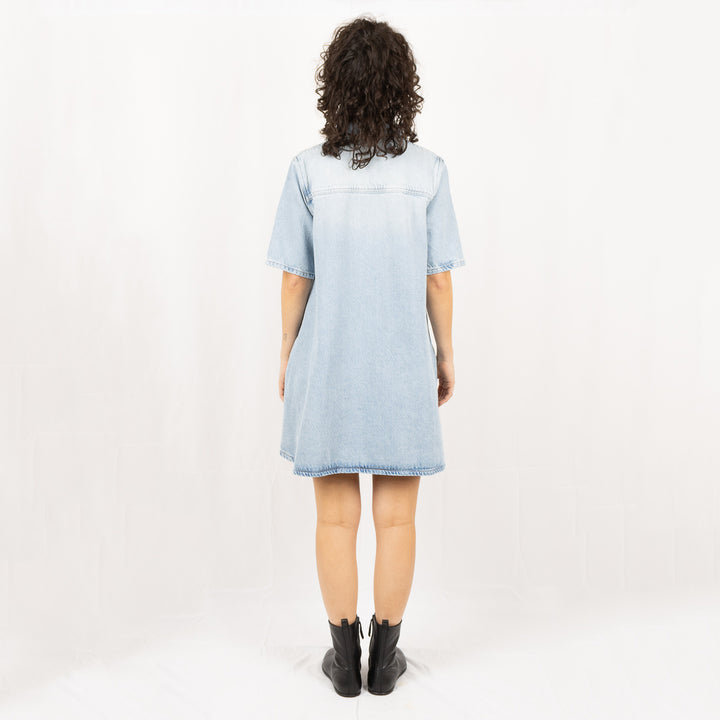 Blue Heavy Denim Midi Dress- Tint Wash