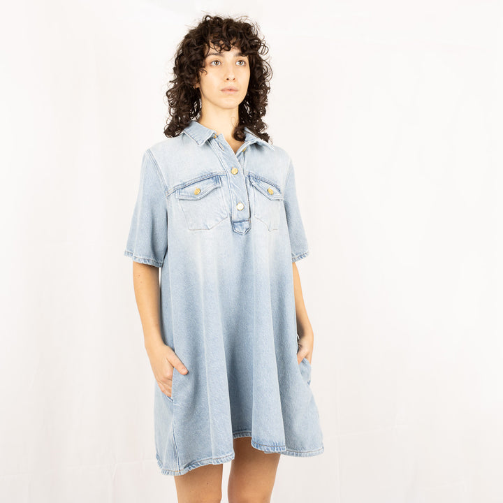 Blue Heavy Denim Midi Dress- Tint Wash