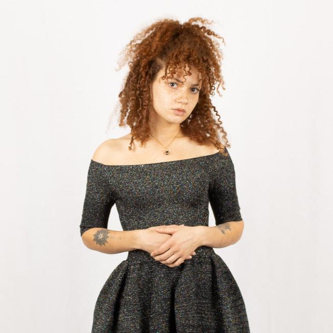 Pottery Glitter Off-Shoulder Short Sleeve Dress - Black