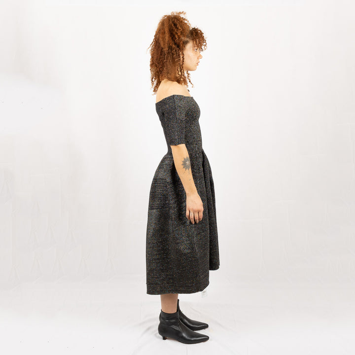 Pottery Glitter Off-Shoulder Short Sleeve Dress - Black