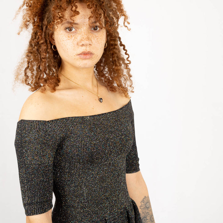 Pottery Glitter Off-Shoulder Short Sleeve Dress - Black