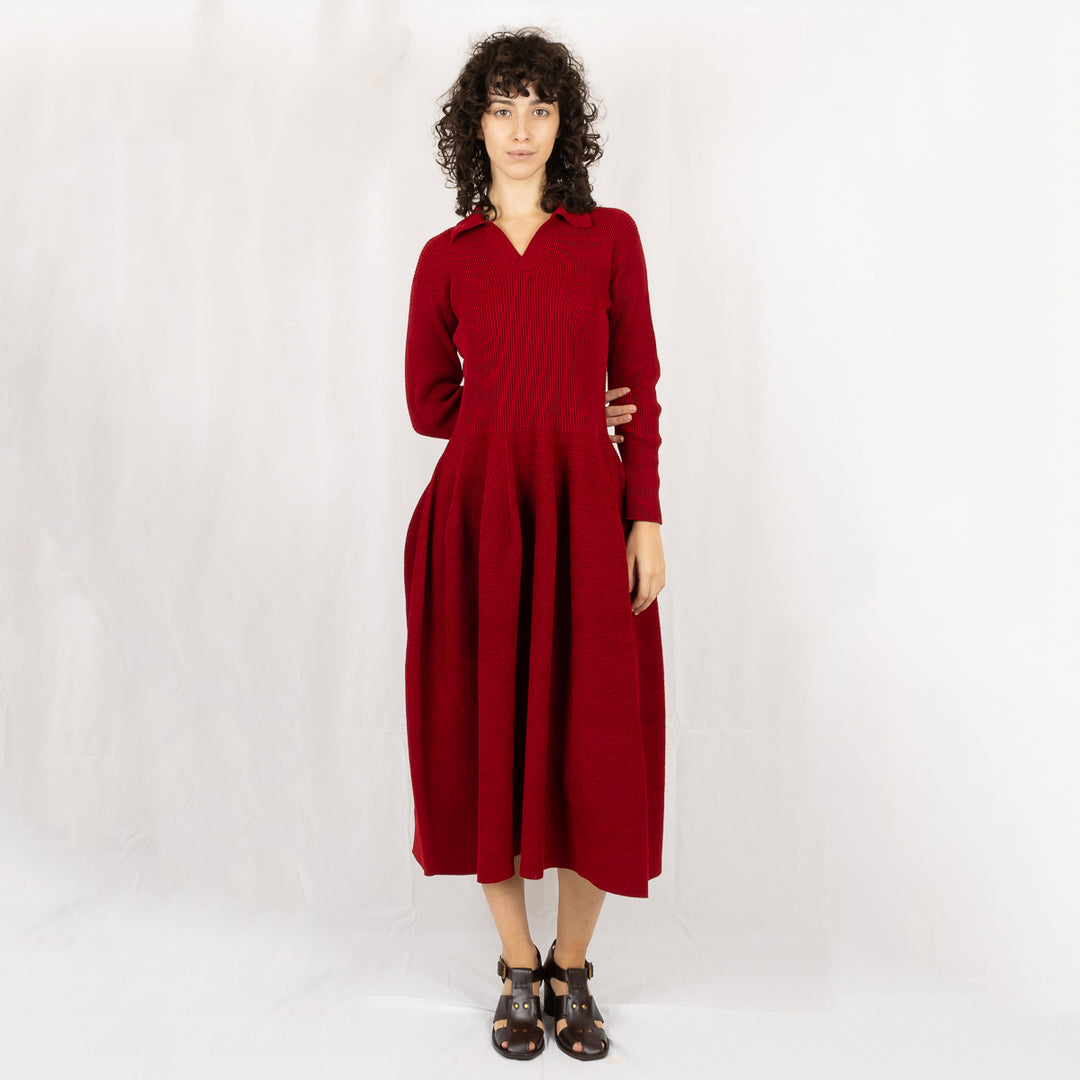 Pottery Velvet Long Sleeve Dress - Maroon Red