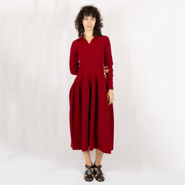 Pottery Velvet Long Sleeve Dress - Maroon Red