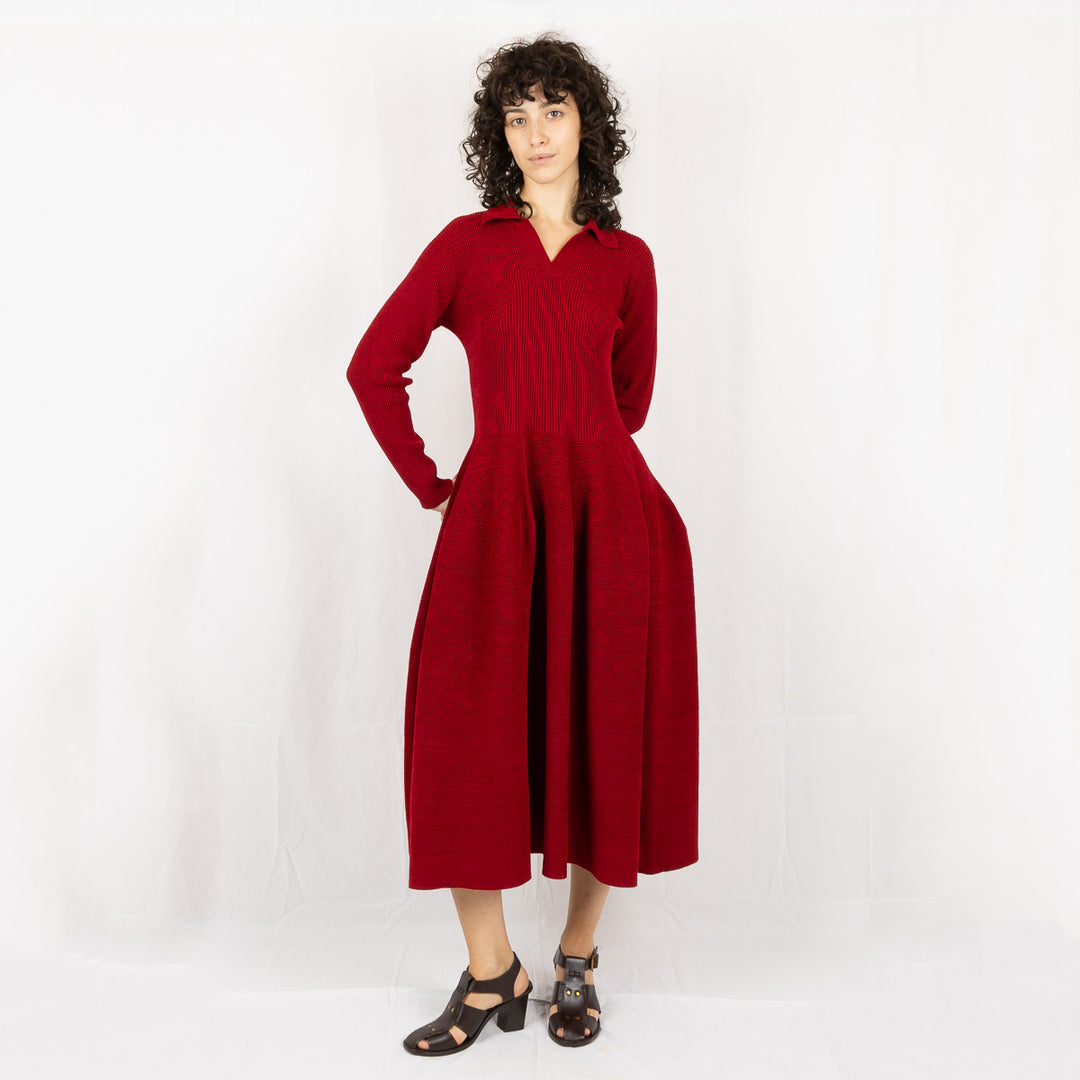 Pottery Velvet Long Sleeve Dress - Maroon Red