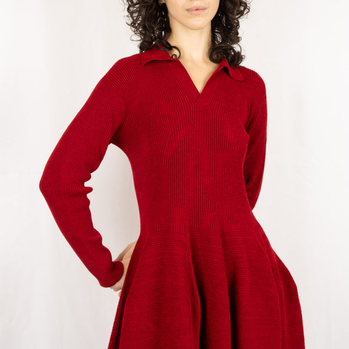 Pottery Velvet Long Sleeve Dress - Maroon Red