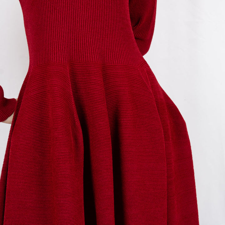 Pottery Velvet Long Sleeve Dress - Maroon Red