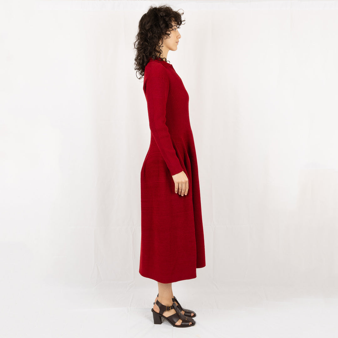 Pottery Velvet Long Sleeve Dress - Maroon Red