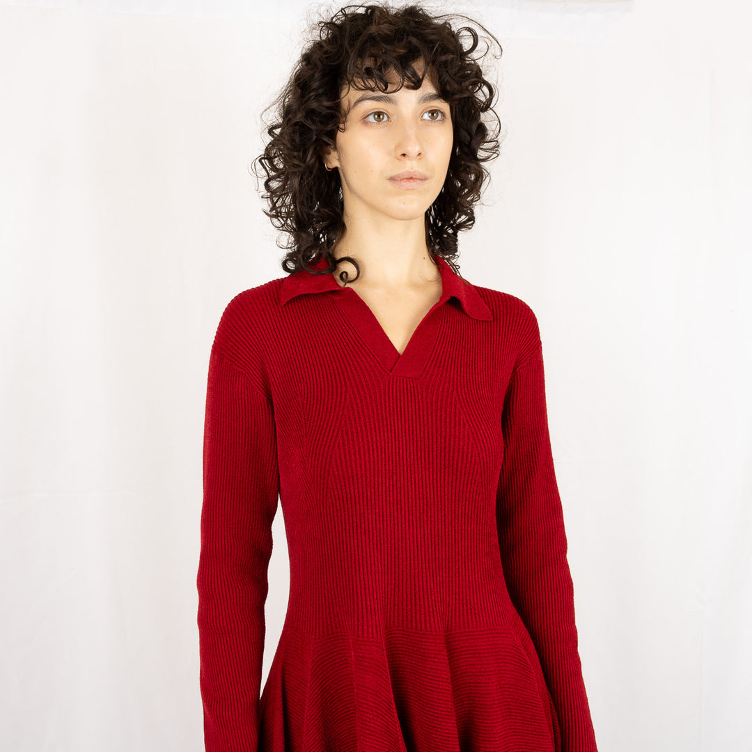 Pottery Velvet Long Sleeve Dress - Maroon Red