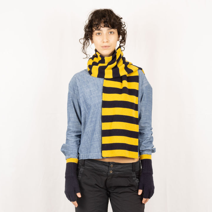 Double Thickness Cashmere Scarf - Dark Navy/Sweetcorn