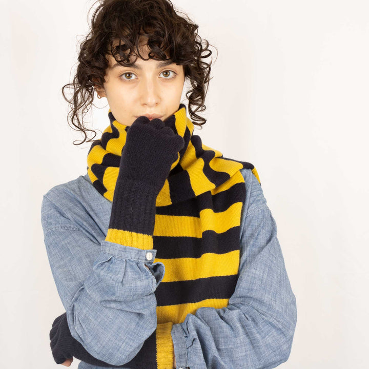 Double Thickness Cashmere Scarf - Dark Navy/Sweetcorn