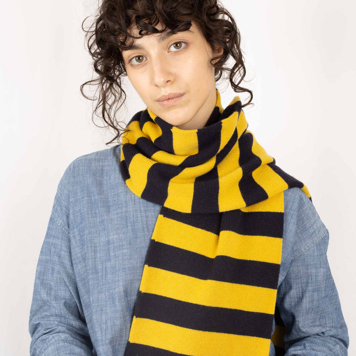 Double Thickness Cashmere Scarf - Dark Navy/Sweetcorn