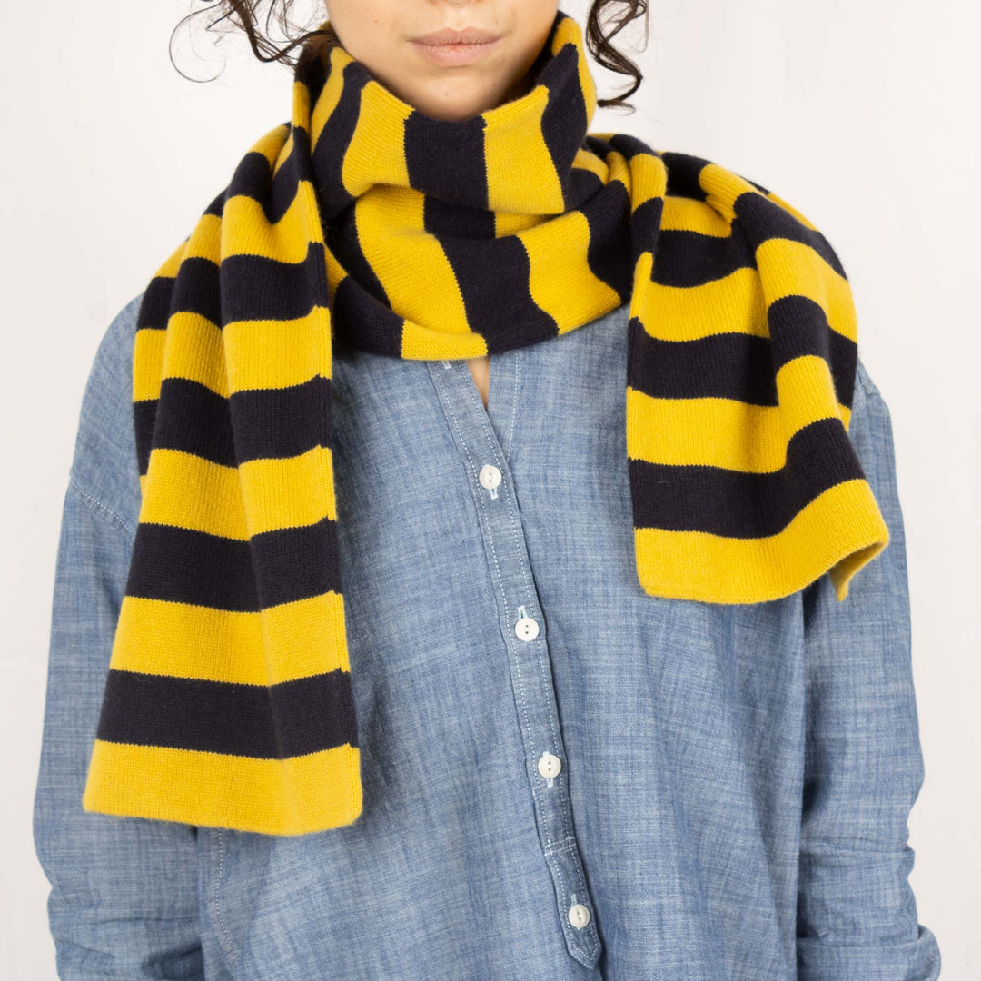 Double Thickness Cashmere Scarf - Dark Navy/Sweetcorn