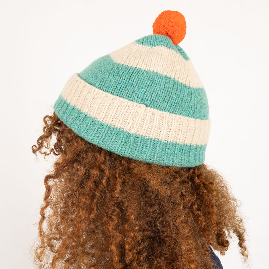 Stripe PomPom Hat - Jade and Oatmeal