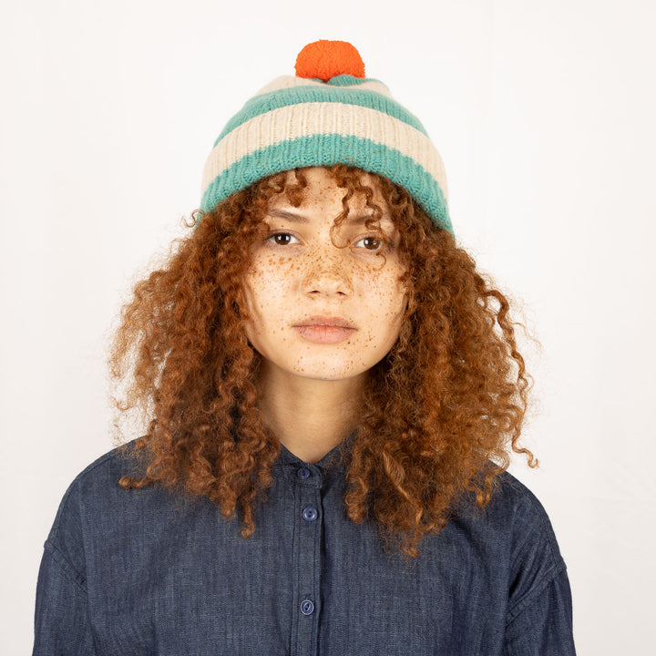 Stripe PomPom Hat - Jade and Oatmeal