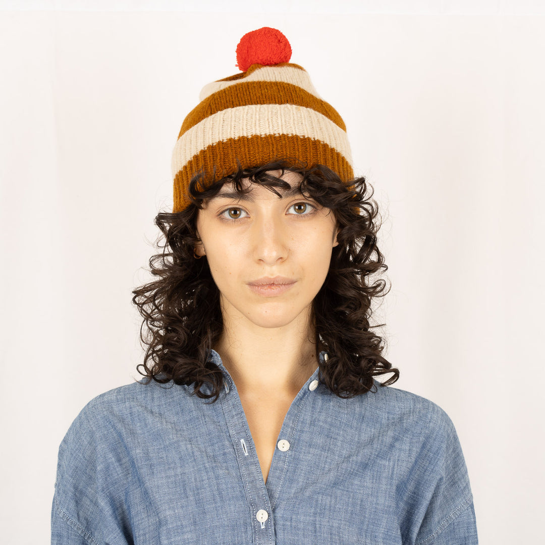 Stripe PomPom Hat - Cumin and Oatmeal