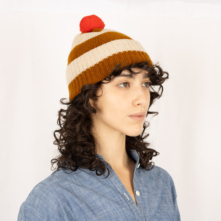 Stripe PomPom Hat - Cumin and Oatmeal