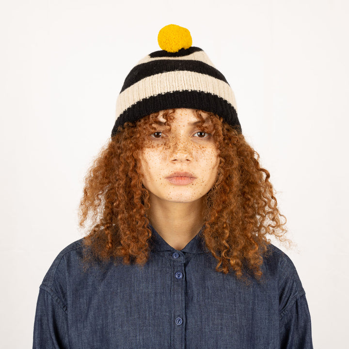 Stripe PomPom Hat - Black and Oatmeal