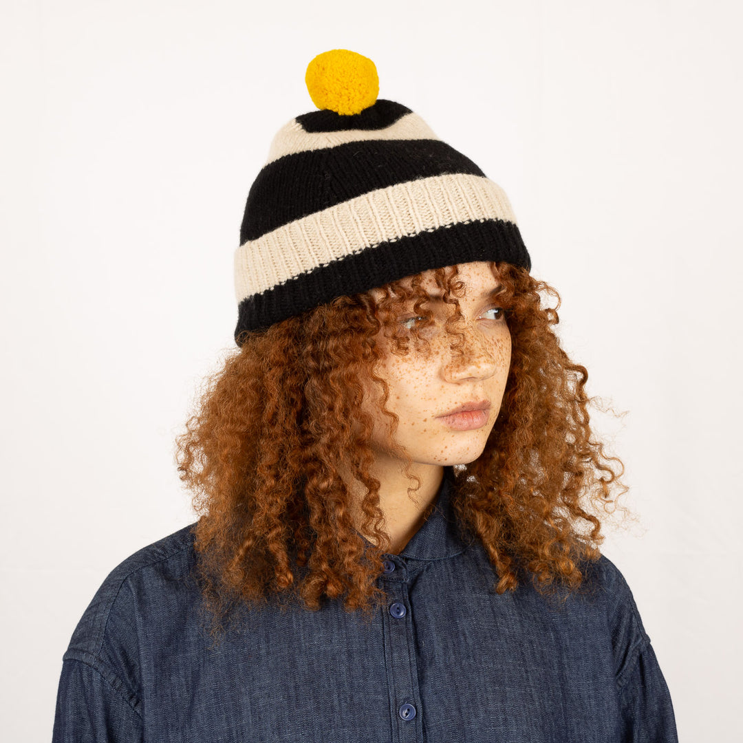 Stripe PomPom Hat - Black and Oatmeal