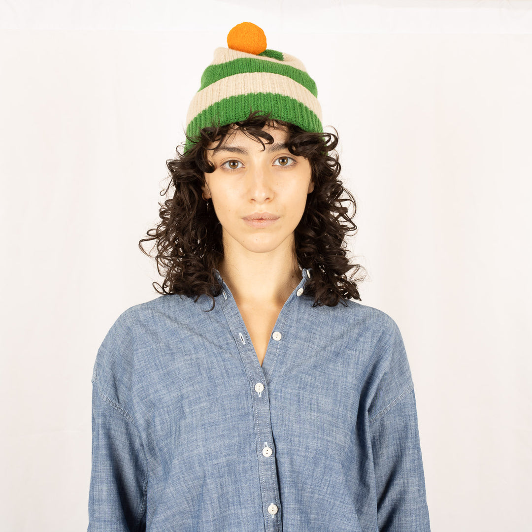 Stripe PomPom Hat - Pagoda and Oatmeal