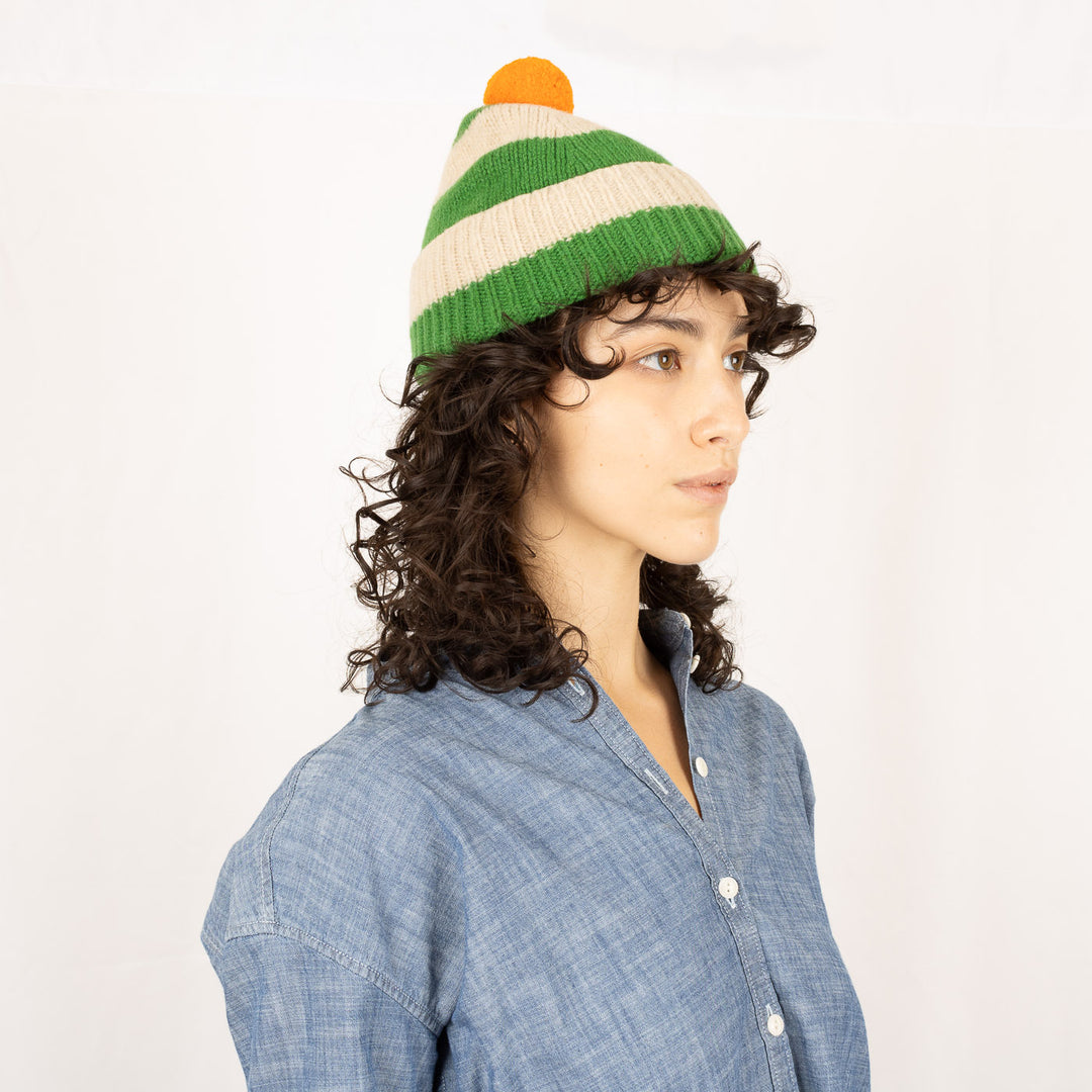 Stripe PomPom Hat - Pagoda and Oatmeal