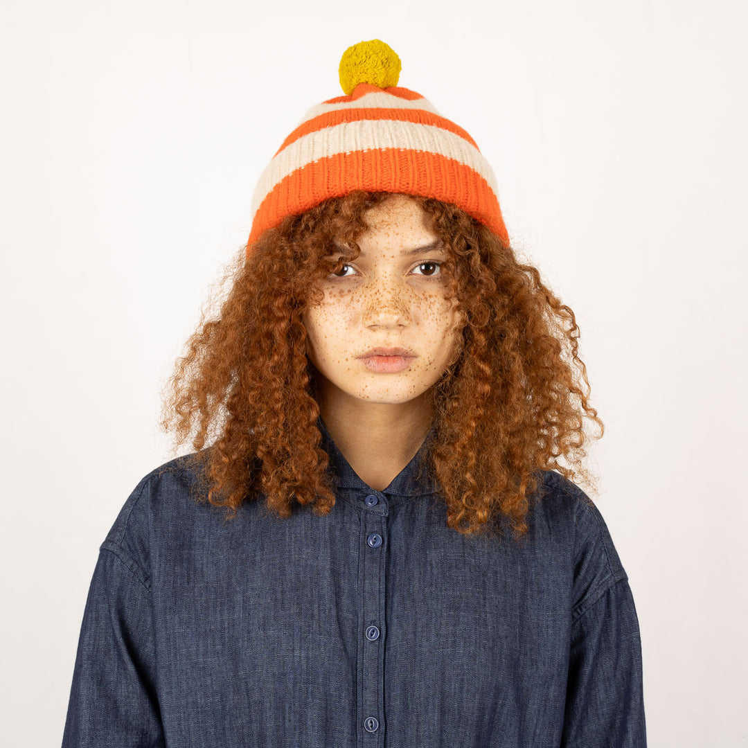 Stripe PomPom Hat - Orange Gloss and Oatmeal