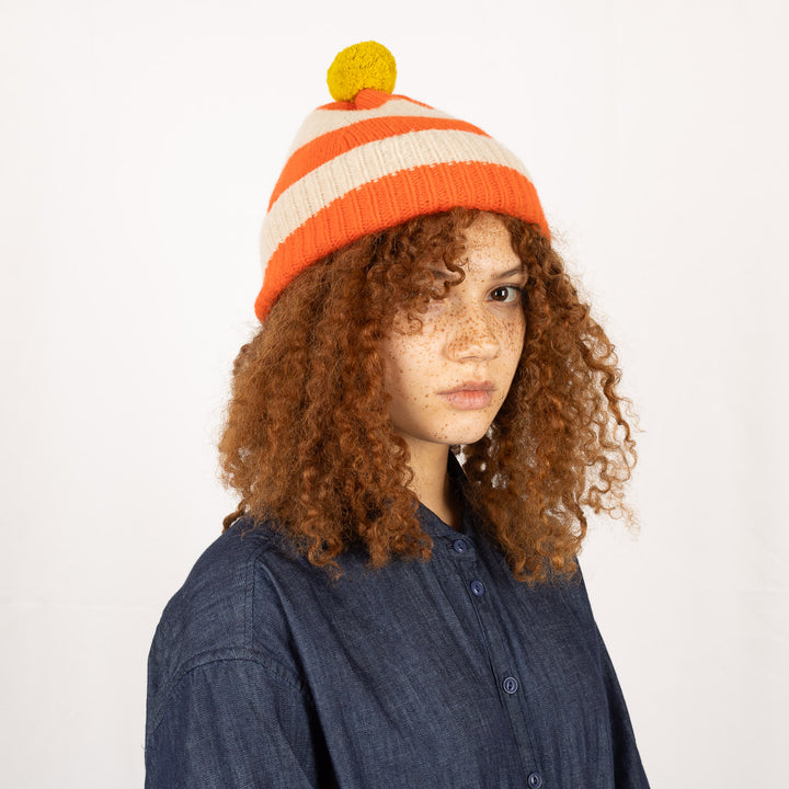 Stripe PomPom Hat - Orange Gloss and Oatmeal