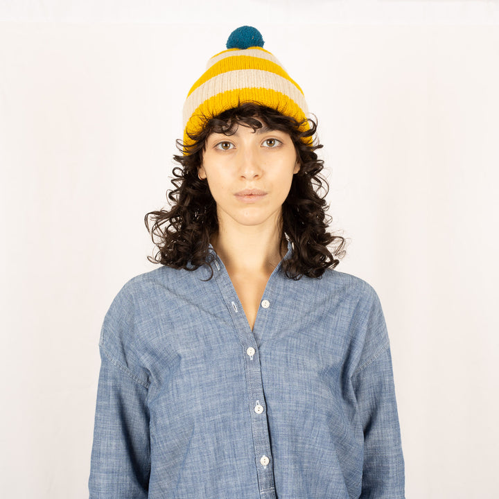 Stripe PomPom Hat - Golden Eye and Oatmeal