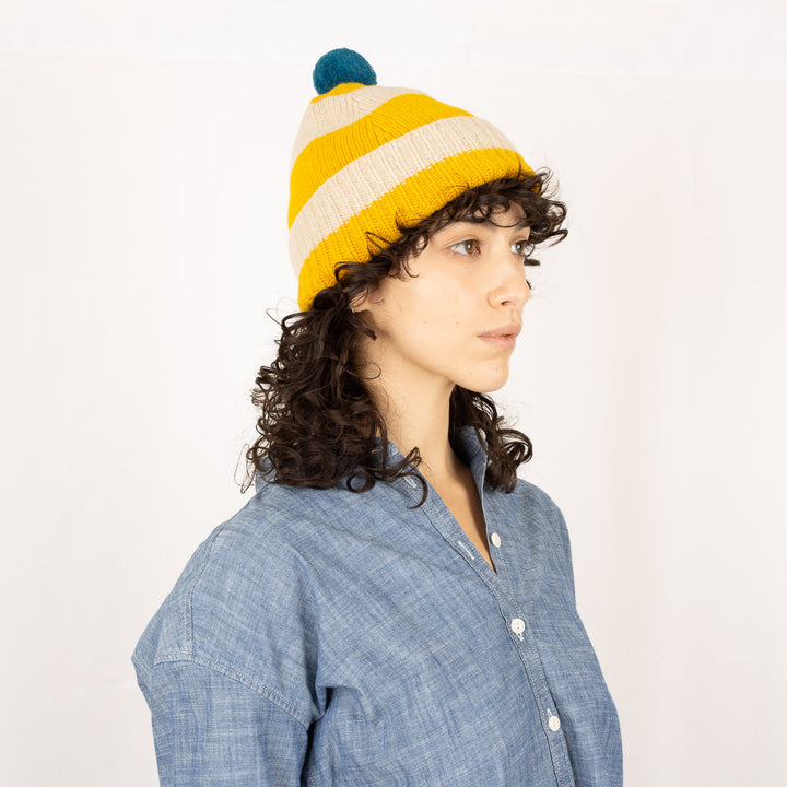 Stripe PomPom Hat - Golden Eye and Oatmeal