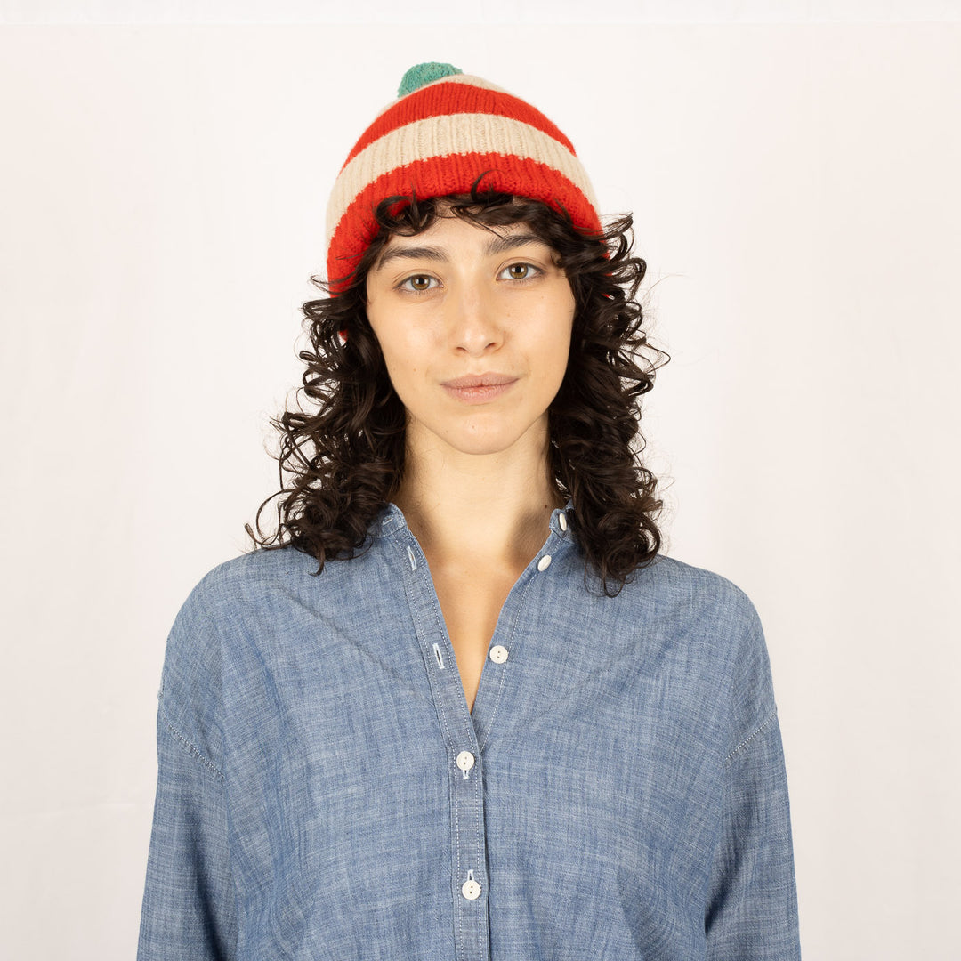 Stripe PomPom Hat -  Poppy and Oatmeal