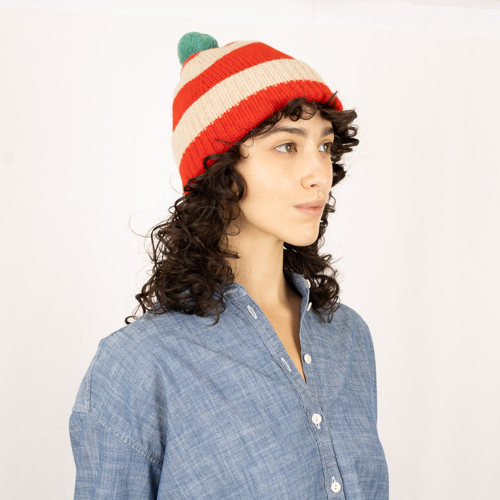 Stripe PomPom Hat -  Poppy and Oatmeal