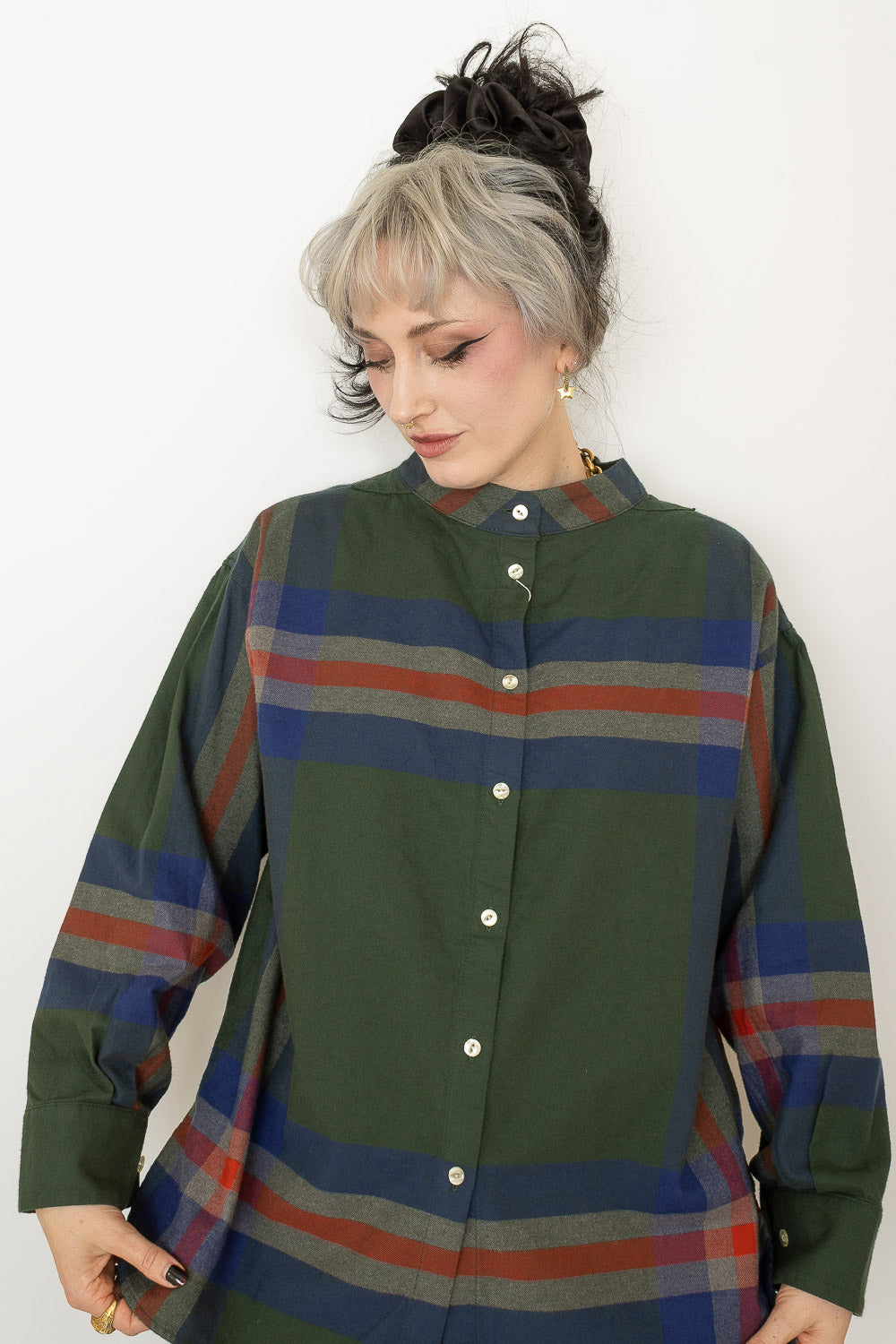 Boy Big Tartan High-Neck Collar Shirt - Dark Green