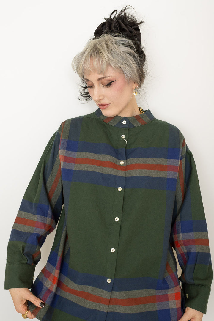 Boy Big Tartan High-Neck Collar Shirt - Dark Green