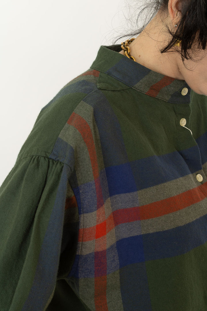 Boy Big Tartan High-Neck Collar Shirt - Dark Green