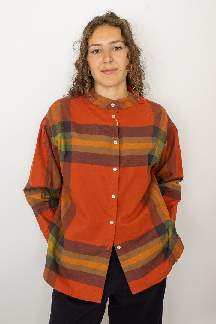 Boy Big Tartan High-Neck Collar Shirt - Orange