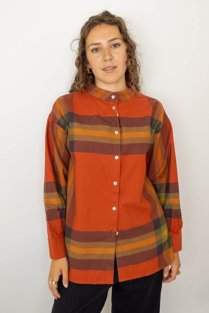 Boy Big Tartan High-Neck Collar Shirt - Orange