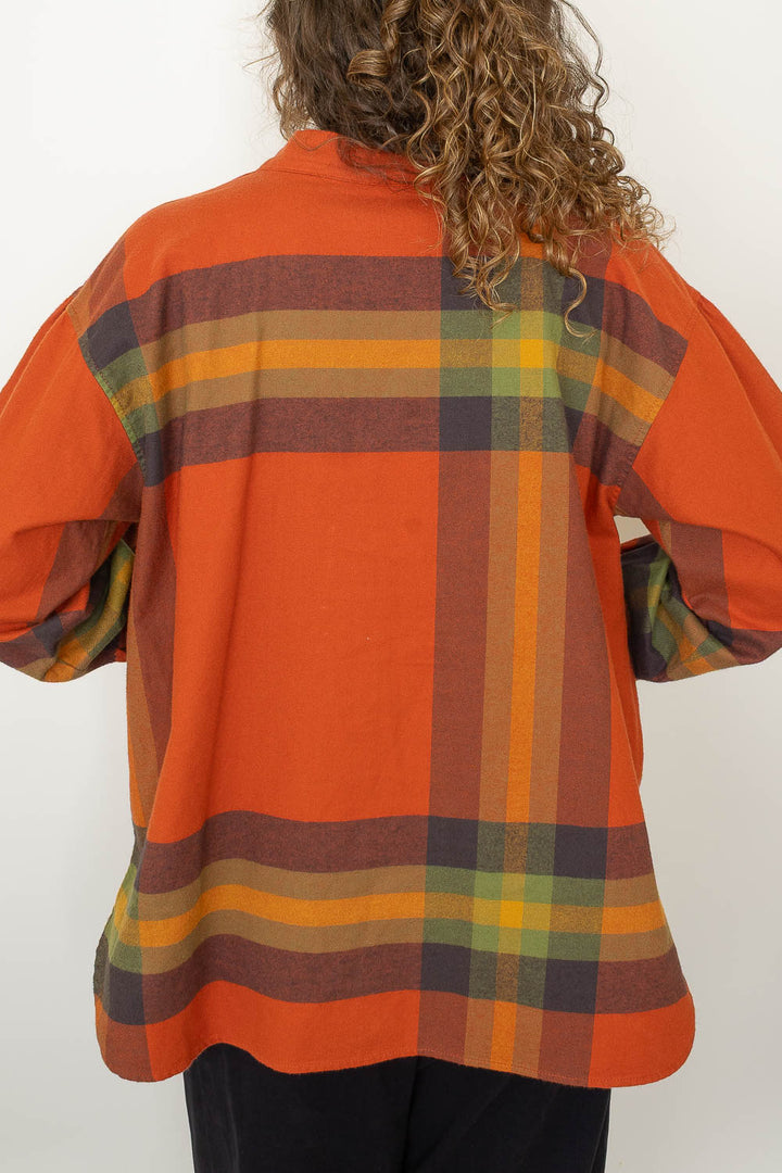 Boy Big Tartan High-Neck Collar Shirt - Orange