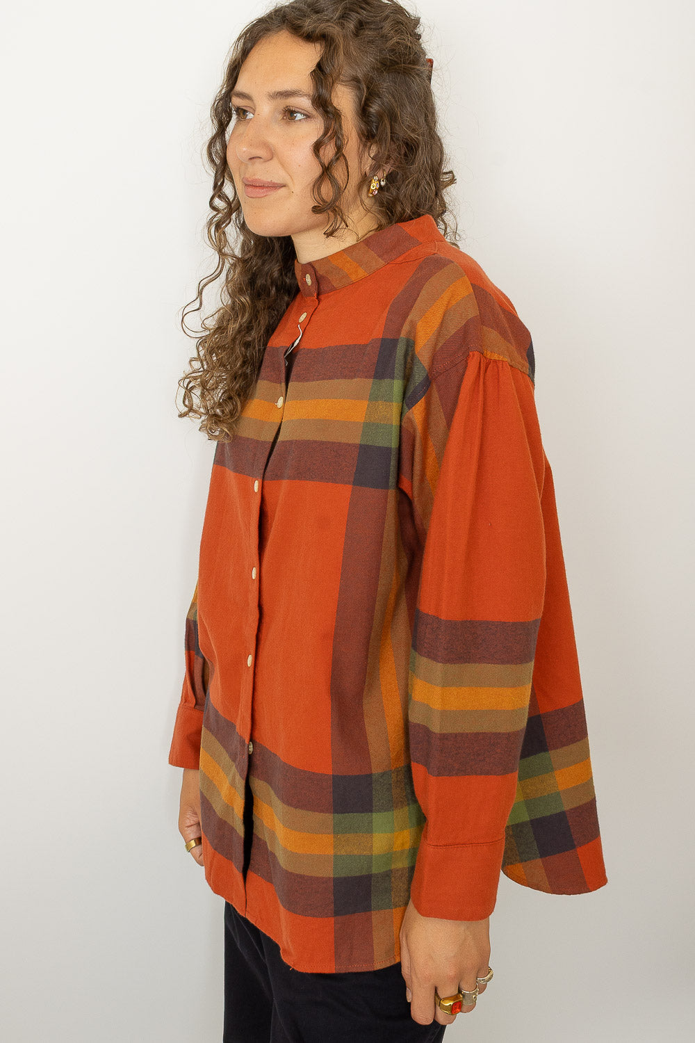 Boy Big Tartan High-Neck Collar Shirt - Orange