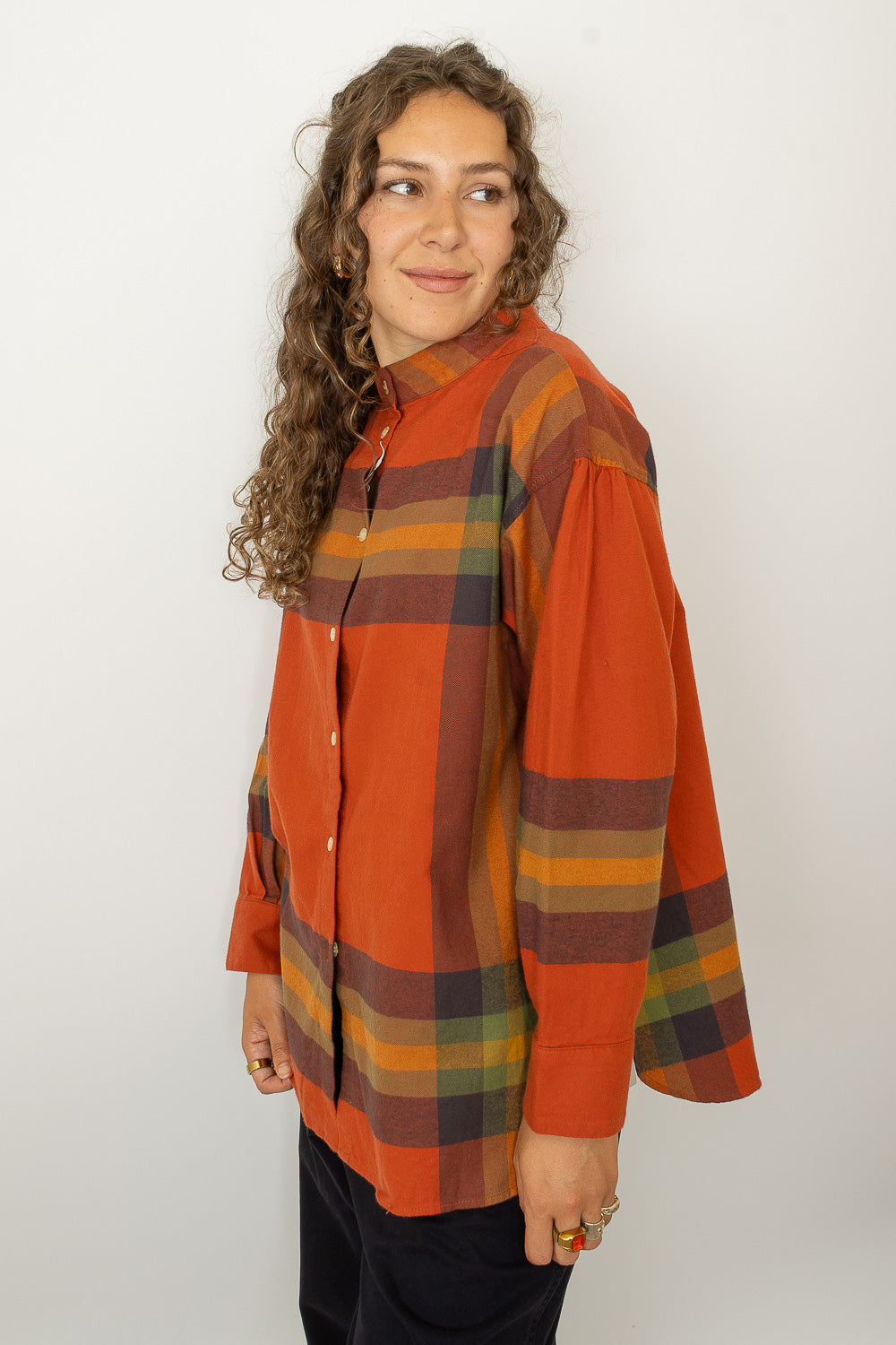 Boy Big Tartan High-Neck Collar Shirt - Orange