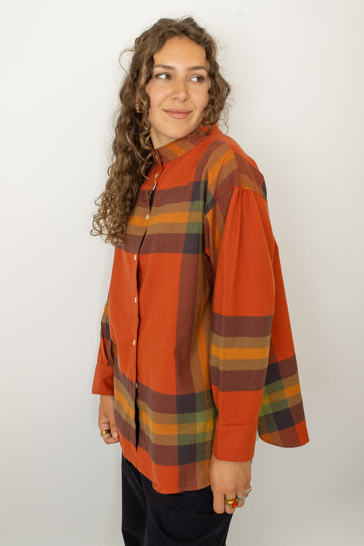 Boy Big Tartan High-Neck Collar Shirt - Orange