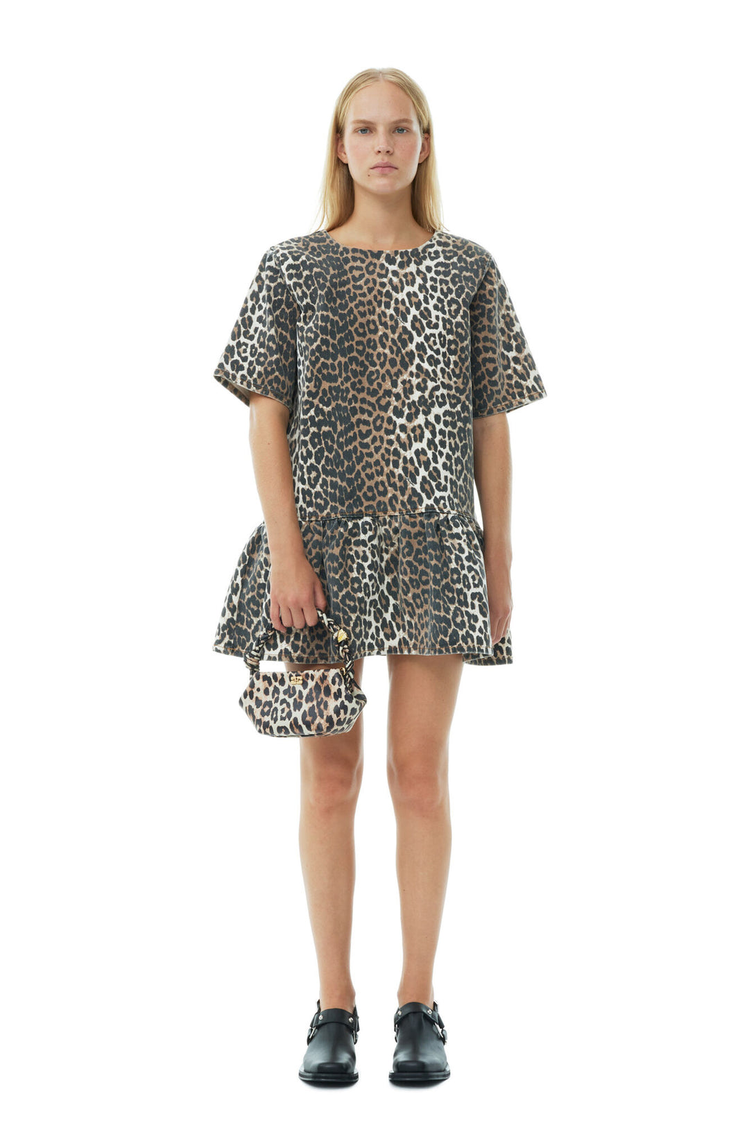 Open-Back Mini Denim Dress - Leopard