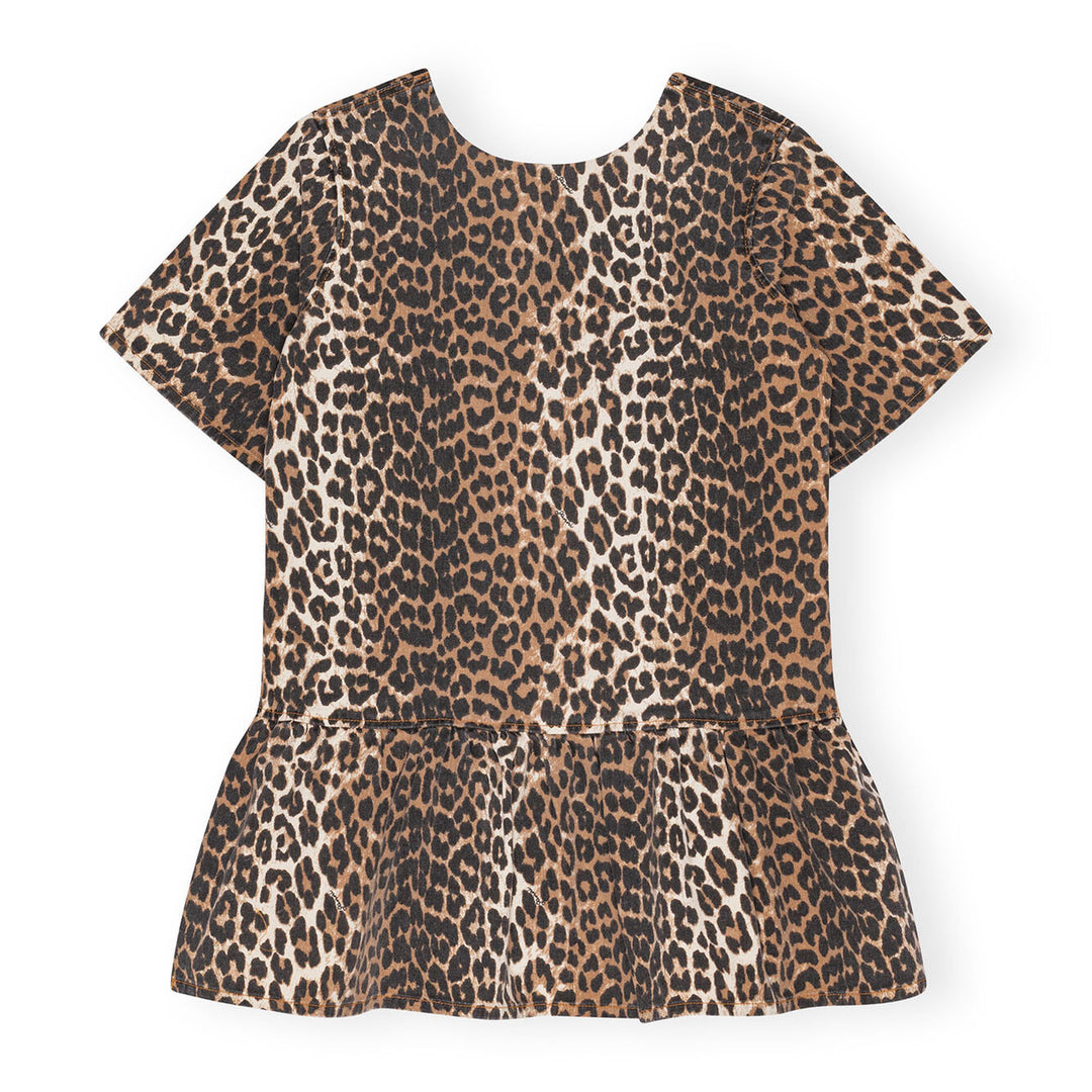 Open-Back Mini Denim Dress - Leopard