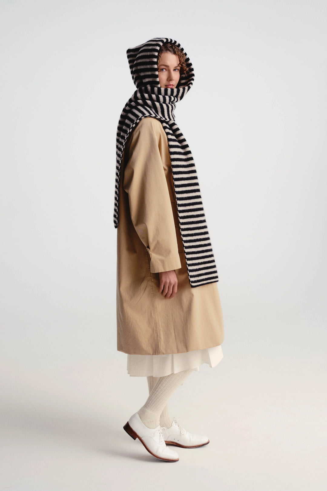 Striped Brushed Hood Scarf - Black & Oatmeal