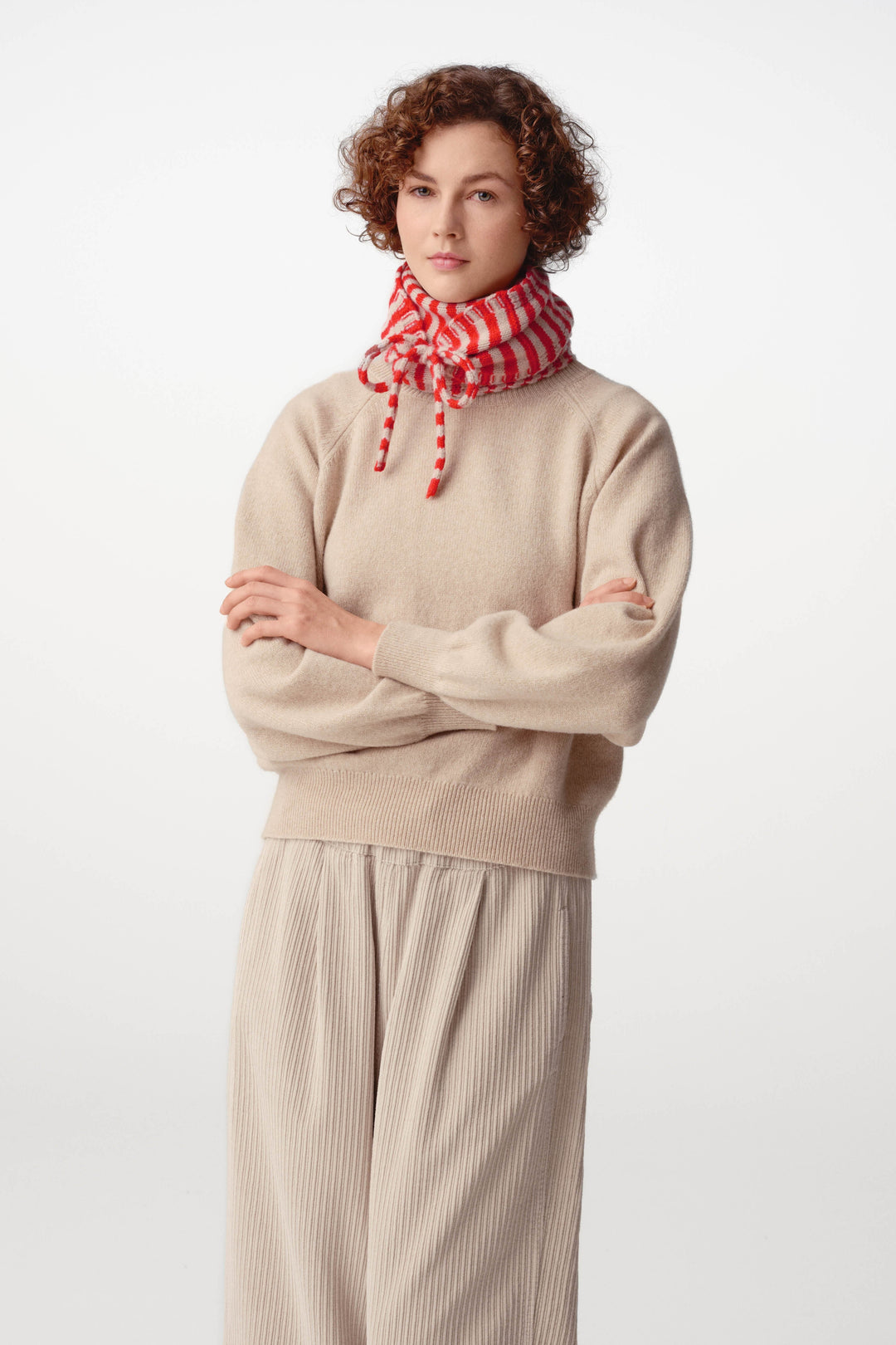 Striped Scarf with Ties - Poppy & Oatmeal