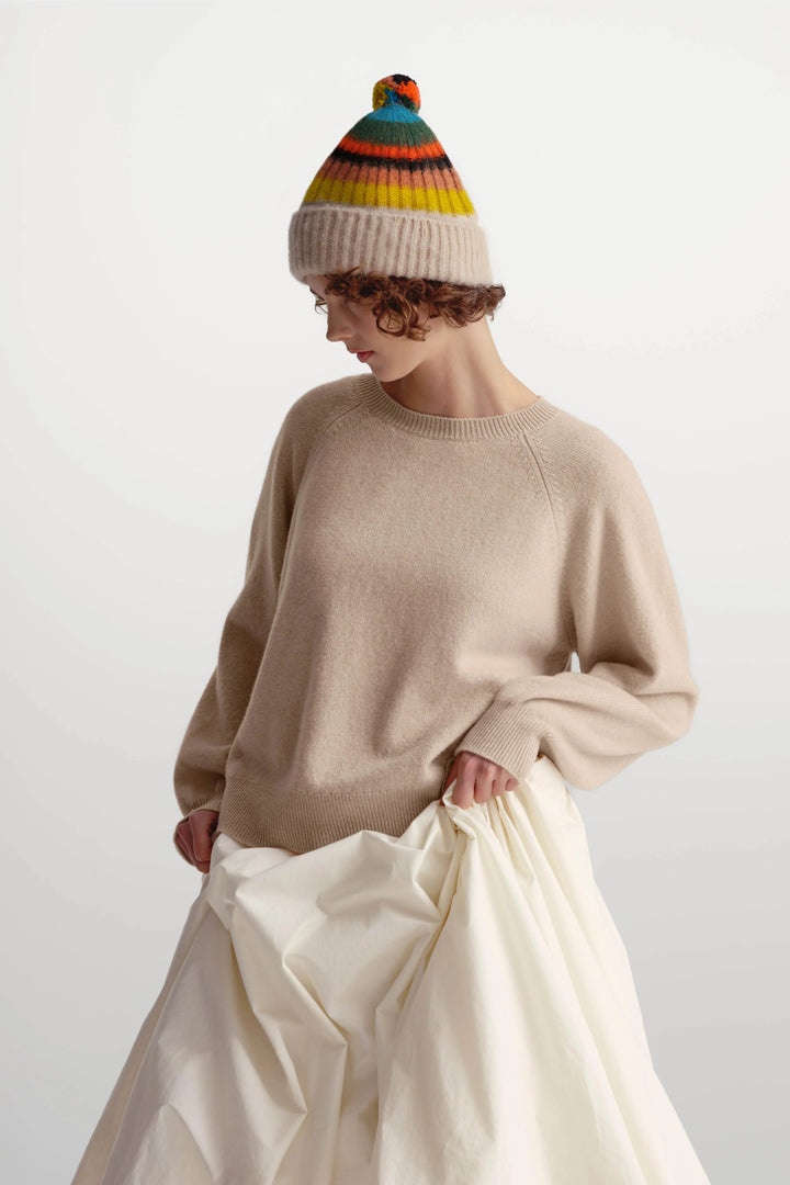 Brushed Multicolour Pompom Hat - Oatmeal