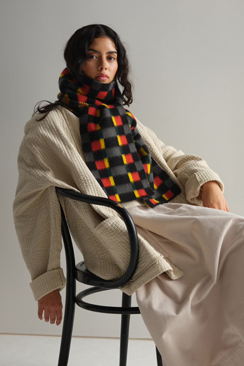 Brushed Tartan Ribbon Scarf - Black & Drill Grey