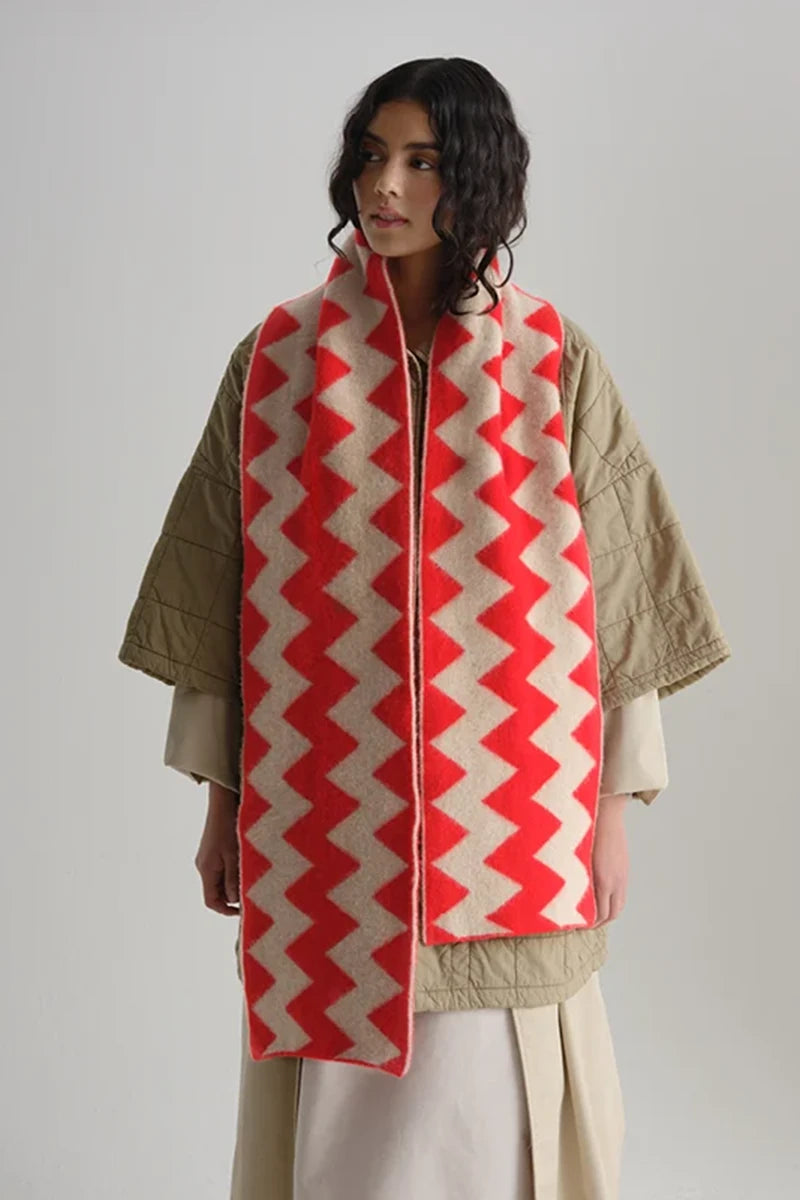 Brushed Zigzag Scarf - Poppy & Oatmeal