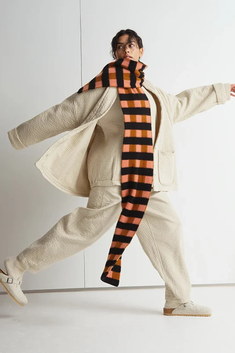 Brushed Check and Stripe Scarf - Plaster & Cumin, Black Stripe