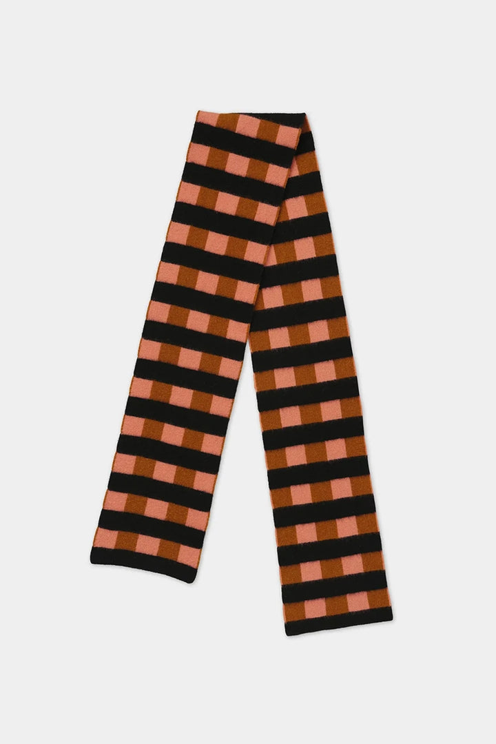 Brushed Check and Stripe Scarf - Plaster & Cumin, Black Stripe