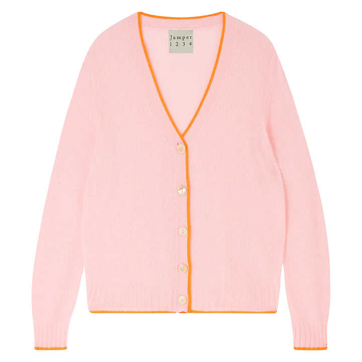 Contrast Tip Cashmere Cardigan - Pale Pink/Neon Orange