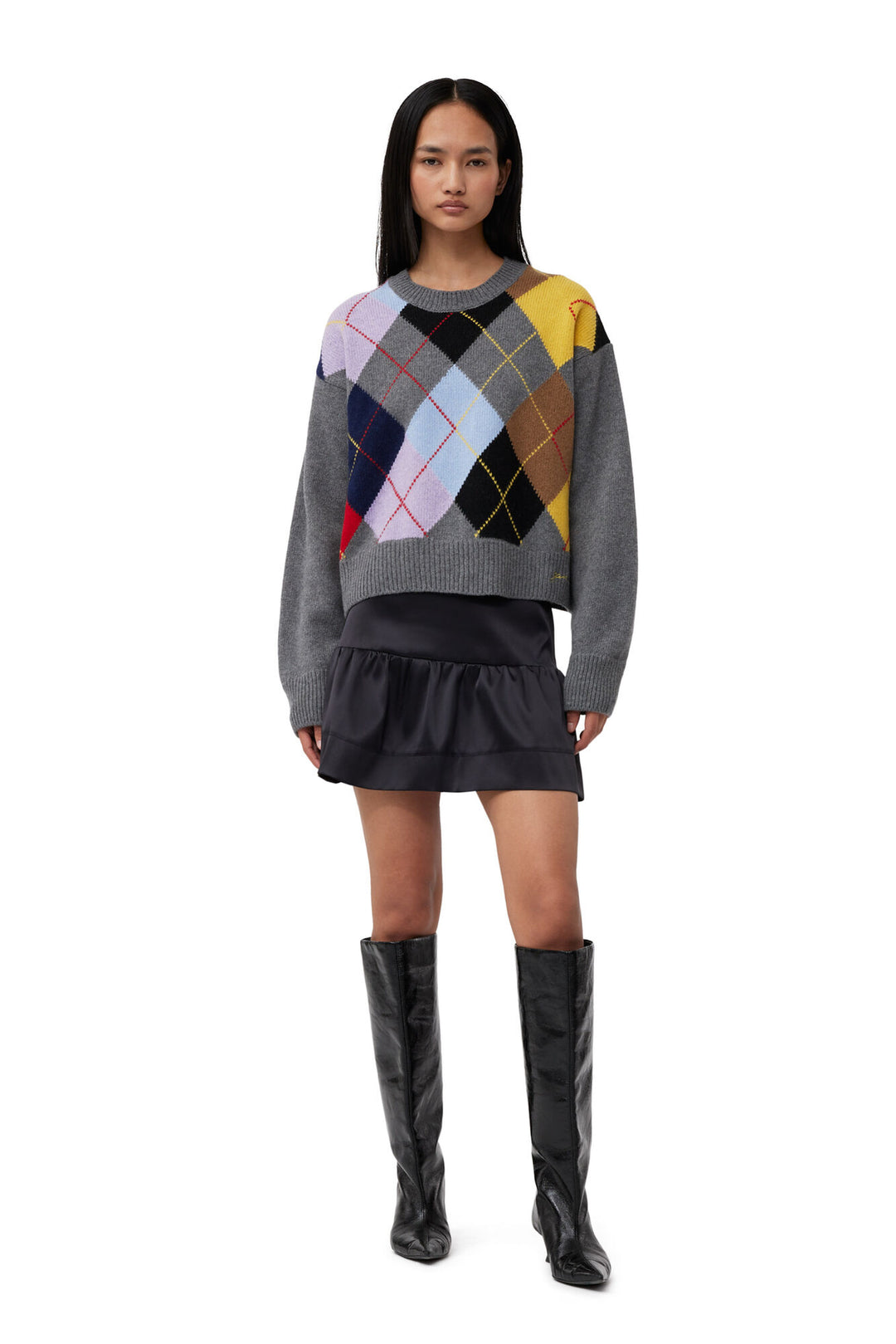 Harlequin Wool Mix Oversized O-Neck Pullover - Frost Gray